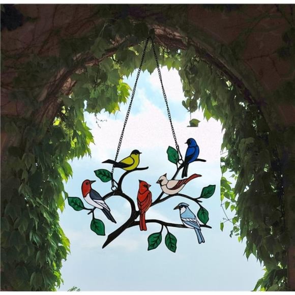 Six Birds Cardinal Gift Stained Metal Window Hangings, Multicolor Bird On A Wire - Picture 5 of 6